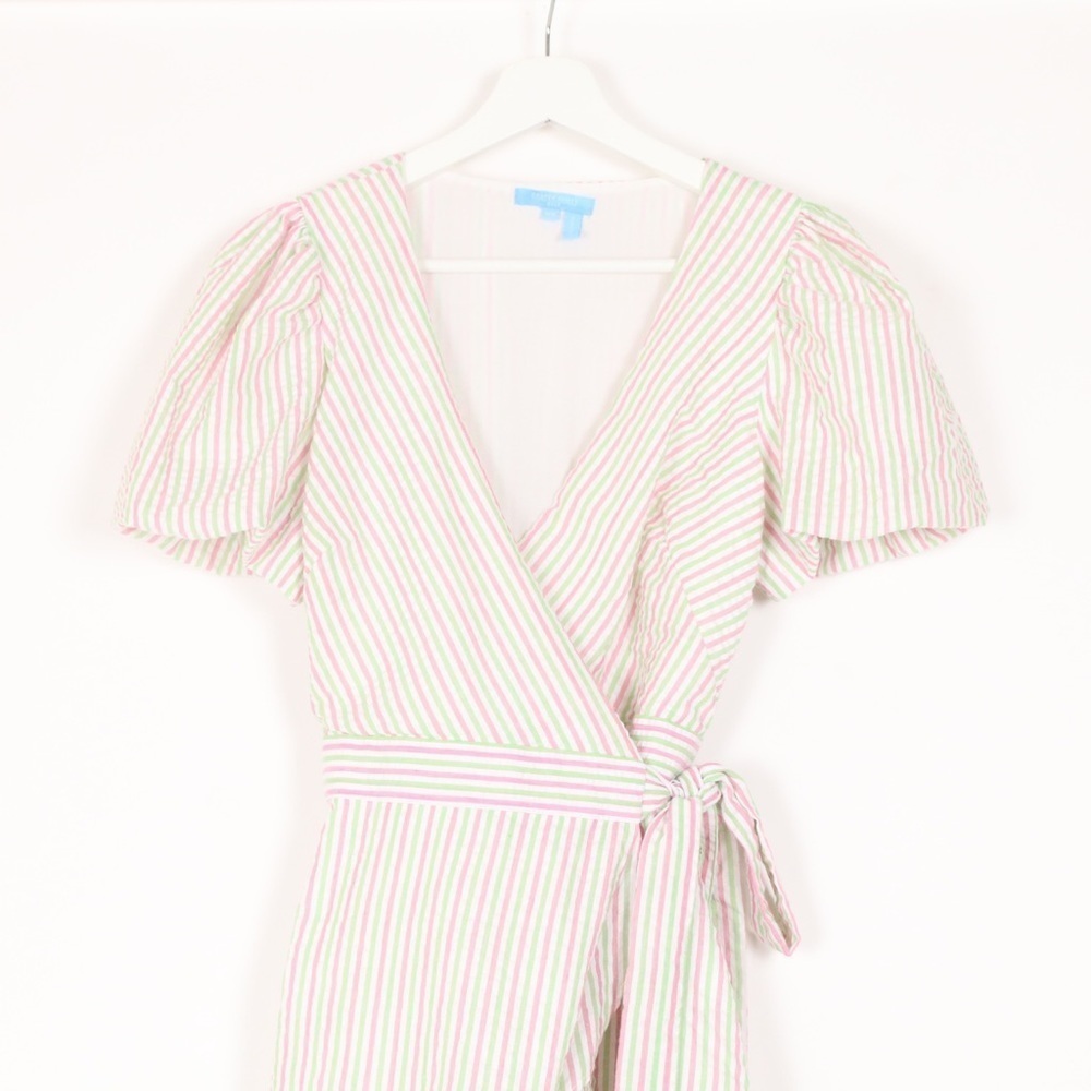 Draper James Puff Sleeve Wrap Dress Seersucker Stripe - Picture 2 of 8